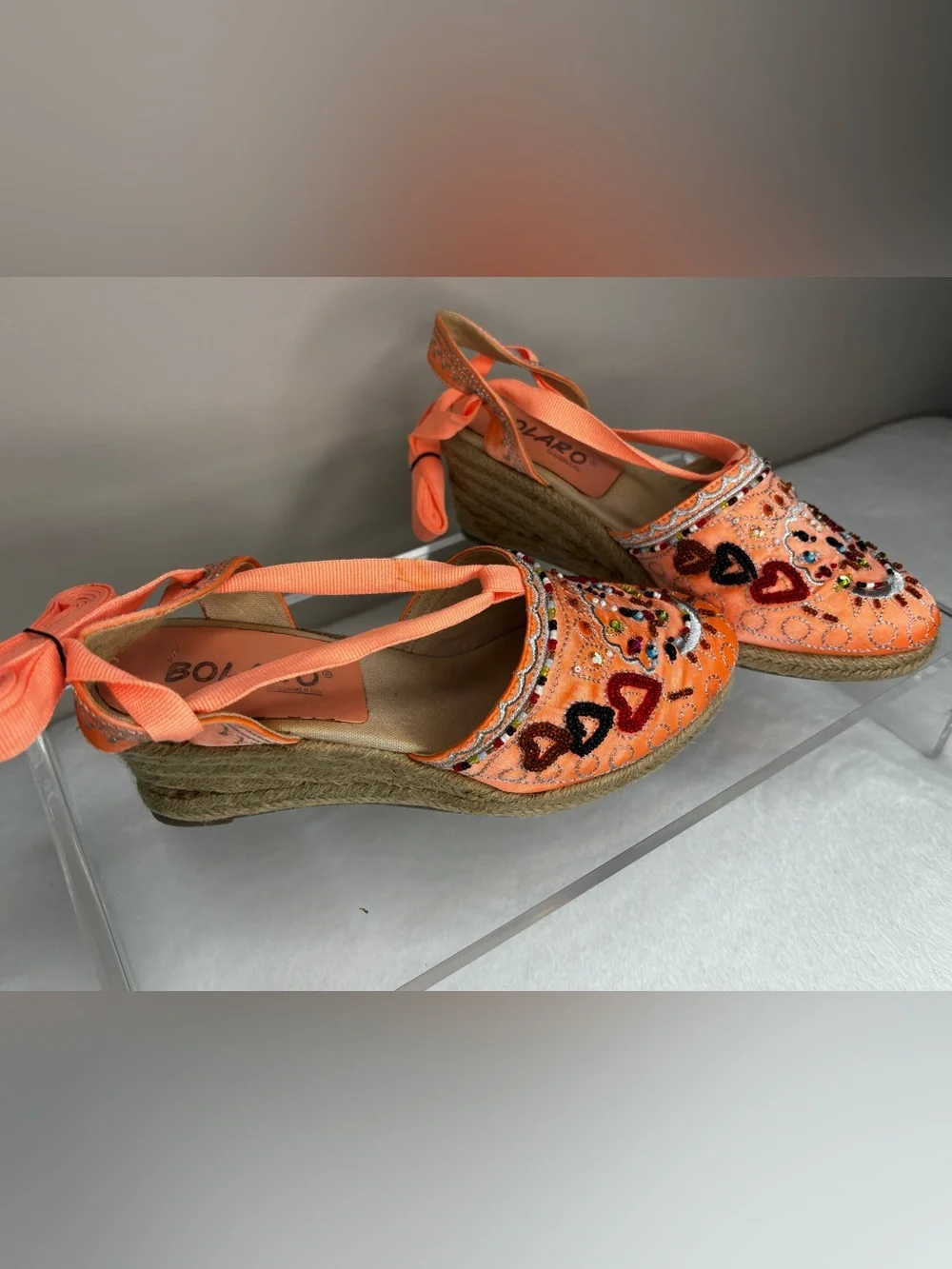 Orange Embellished Wedge Espadrilles